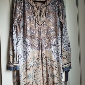 Hale Bob Long Sleeve Printed Camel V Neck Dress